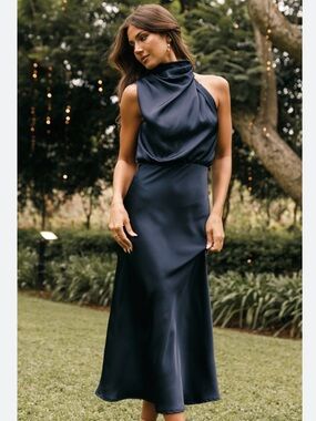 Petal & Pup Annabelle Mock Neck Navy Satin Dress New!